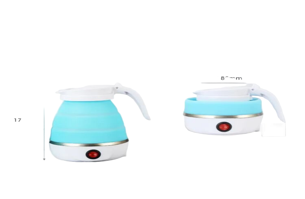 Teal and white electric kettle with dimensions displayed on a gray background