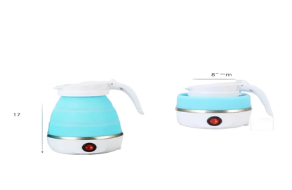 Teal and white electric kettle with dimensions displayed on a gray background